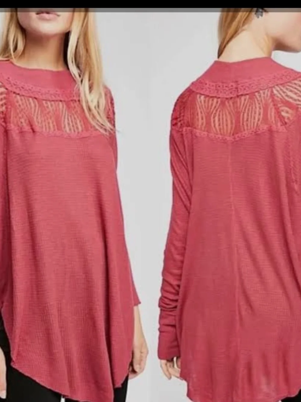 Free People Spring Valley Thermal Top in Cochineal Pink Lace Yoke Size Small